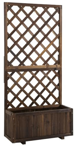 Outsunny Jardinera con Enrejado Celosía 72,5x31,5x149,5 cm Carbonizado | Macetero de Jardín, de Madera Maciza, con Soporte para Trepadora, para Cultivo de Plantas Flores en Exterior