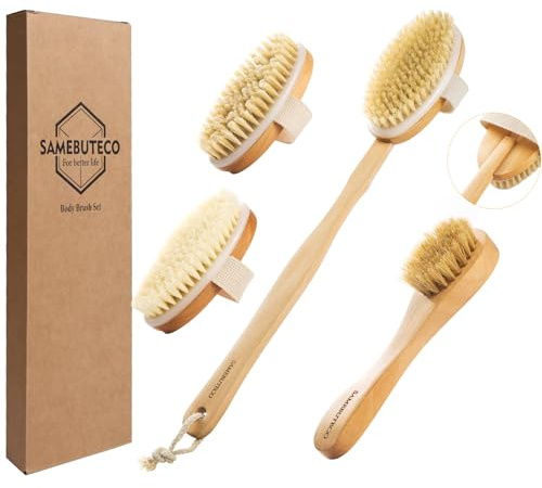 SAMEBUTECO Dry Brushing Body Brush Set with Slide-in Long Handle, 4-in-1 Wooden Bath Scrubber with Face Brush & 3 Interchangeable Heads (Boar Bristle, Soft Washer, Nodal Massager) for Exfoliating