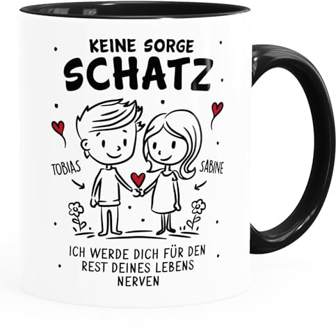 SpecialMe® Tasse Geschenk Liebe Lustig Keine Sorge Schatz Strichmännchen Paar mit Namen Jahrestag Valentinstag weiß-innen-schwarz standard