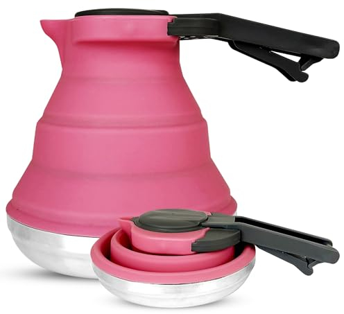 Heather UK Collapsible Foldable Camping Kettle 1.5L Silicone and Stainless Steel - Gas Stove Top, Folding Travel Portable Kettle to Take on Holiday. Portable for Gas Stove Top Caravan Large (Pink)