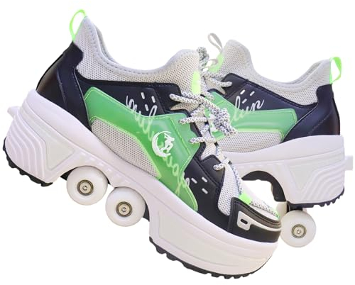 Schuhe mit Rollen für Jungen Mädchen, Rollschuhe mit 4 Einziehbaren Rädern, 2-in-1 Rollschuhen und Sneakers, Roller Skate Shoes für Kinder Teenager (Grün, 34)