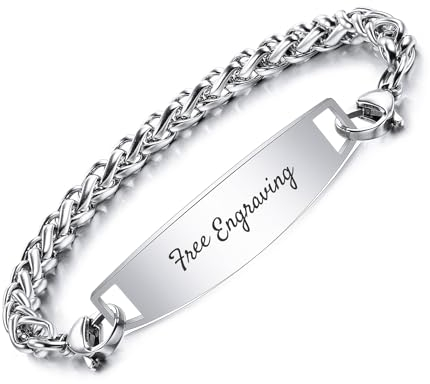 OTXIXTO Pulseras ID Personalizado Para Hombre/Mujer Pulsera Eslabones Acero Inoxidable con Nombre/Fecha/Texto Personalizado Plata Placa Nombre Pulsera con Cadena de Wheat Plata de 20.3cm