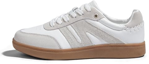 LUCKY STEP Damen Klassische Retro Sneaker mit Gummisohle - Modische Leder-Freizeitschuhe für Tennis und Skateboarden, rutschfeste Turnschuhe (Weiß/Grau, 8.5US-39EU-6UK)