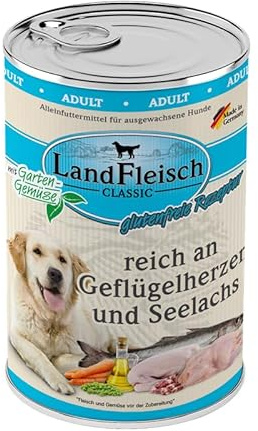 Landfleisch Classic Hundefutter 6 x 400g | Geflügelherzen und Seelachs | Mit hochwertigem Fleisch, Rapsöl (Omega-3 & 6), ohne Gluten, Zucker, GVO & Soja | Nassfutter für Hunde