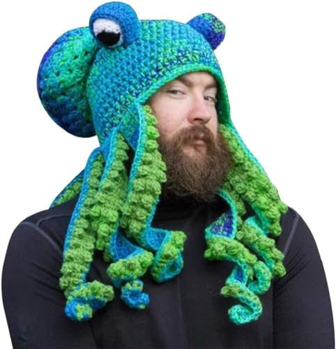 SHANGMAOYO Lustige Ritter Helm Beanie mit Bartmütze,Handgewebte Gestrickte Mütze, Erwachsene Lustige Cartoon Octopus Lange Tentakel Augen Hut Halloween Cosplay Skimaske (Type-F)