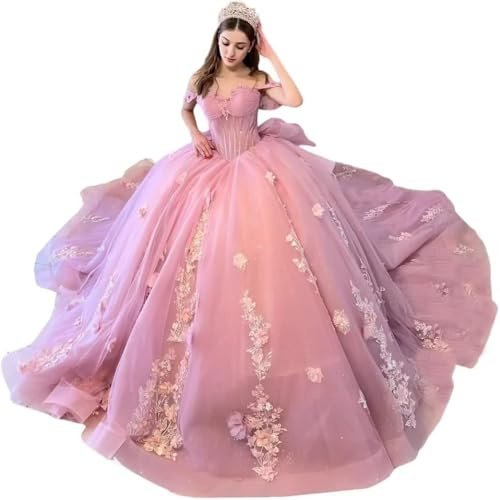 Yifanier Vestido de Fiesta con Escote corazón Vestido de Encaje de Tul Vestido de quinceañera con Flores en 3D Hombros Descubiertos, Vestido de quinceañera 15 16 MT011
