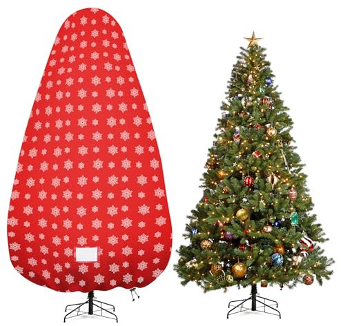 Delixike Upright Christmas Tree Storage Bag, Adjustable Straps, Tear Resistant, 7.5Foot Trees - Snow Printing Red