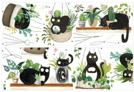Selbstklebende Katzen Wandaufkleber 2 aus Pvc Stück für Schlafzimmer | Schwarz, Cartoon Motiv mit Pflanze, für Wand und Bettseite, Leicht Abziehbar ohne Rückstände