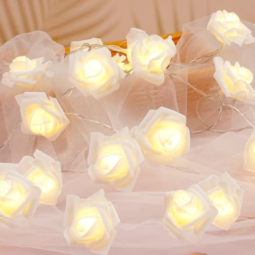 OSDUE Stringa Luminosa a Forma di Rosa, 3M 20 PZ Catena Luminosa con Rose LED Stringa di Luci con Ghirlanda Lucine per Matrimoni Rattan Bianco Caldo Luce per Feste Compleanno, Matrimoni, Vacanze