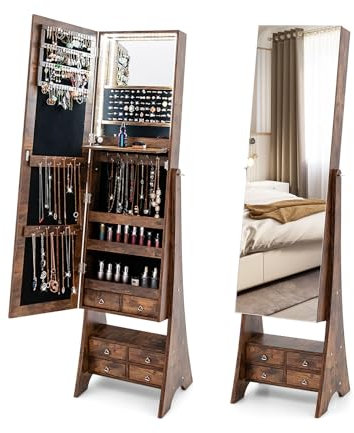 COSTWAY Schmuckschrank mit Spiegel, mit Beleuchtung, Schmuck Spiegelschrank mit Schubladen und klappbaren Ablage, ideal für Make Up (Braun)