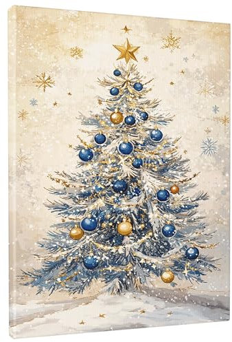 Lienzo decorativo para pared con árbol de Navidad, decoración azul y dorada, para colgar en la pared de la sala de estar, dormitorio, sin marco, 30,5 x 40,6 cm