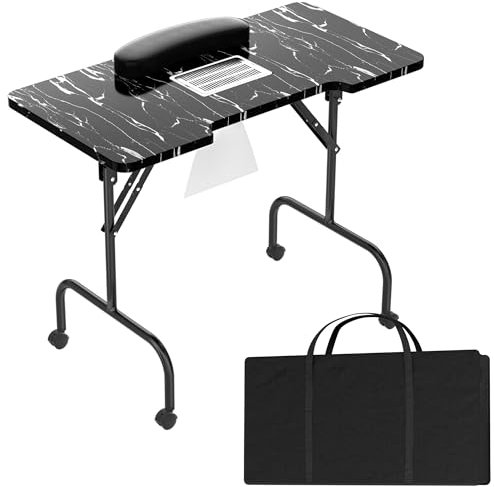 SUBTLETY Faltbare Nageltisch mit Leise Absaugung 94x48x72cm Maniküretisch Tragbare Maniküre Tisch mit Rollen, Handauflage & Tragetasche Manicure Table für Hause Nagelstudio Nageldesign (Schwarz)