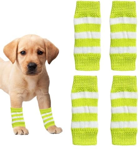 Dog Leg Warmers,4PCS Winter Soft Warm Strip Pattern Dog Leg Sleeves,Knitted Dog Elbow Protector Elastic Pet Leg Hock Protectors for Kitten Puppy Small Medium Dogs Cats (Green, L)
