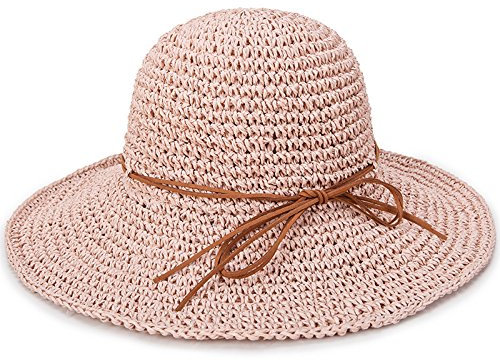 RVROVIC Women's Floppy Straw Sun Hat Foldable Summer Beach Hat Packable Roll Up Wide Brim Crochet Bucket Hat,Pink