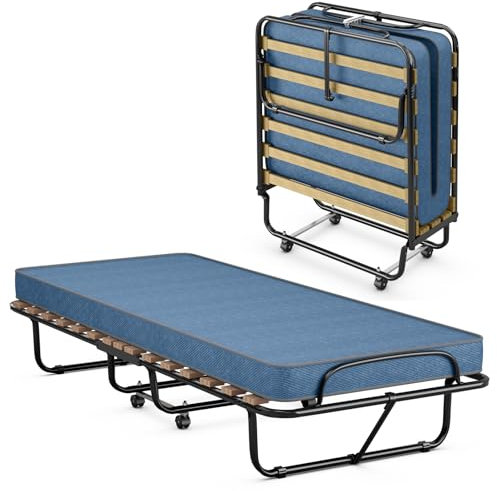 FANTASK Gästebett bis 130kg belastbar mit Matratze aus Rückstellschaum, 80x190cm Klappbares Einzelbett, Stabiler Metallbett, Klappbett auf Rädern, Faltbett Camping Gästezimmer