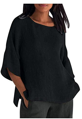 Linen Shirt Women Oversized,Plus Size Ladies Linen T Shirts Summer Short Sleeve Lagenlook Tops Plain Elegant Boat Neck Loose Fit Beach Boho Blouses Baggy Tee Shirts Tunic Tops UK Sale Black