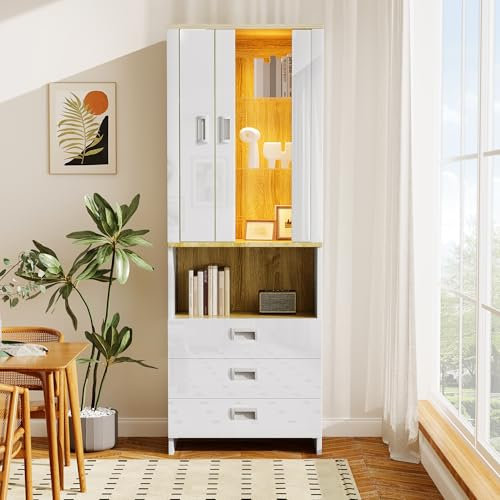Merax Vitrine 181,5x65x35 cm, Moderner Display Case mit Glastüren, verstellbare LED-Beleuchtung, 3 Schubladen, 2 Türen, für Wohnzimmer und Arbeitszimmer, Weiß + Holzmaserung