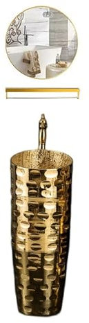 HTTGDGDH Lavabo Colonne De Luxe en Or, Lavabo sur Pied Tout-en-Un en Céramique Galvanisée Dorée, Lavabo De Salle De Bain sur Pied avec Robinet, Bonde Et Miroir(D-One Size)
