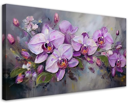 Feeby Bild auf Leinwand - Wandbilder Wohnzimmer Aesthetic - Orchidee Lila Blumenkomposition - 80x40 1tlg - Schlafzimmer Wandekoration - Bilder Zimmer - Living Room - Deko Wandbilder - Moderne Bild