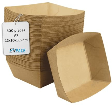 Enpack Snackschale A7-500 Stück Snackschalen aus Kraftpapier - Snack Box 12x10x3,5cm - Currywurst Schale 400 ml - Behälter für Tapas, Chips, Pommes etc. - optimal geeignet als Fingerfood Schale