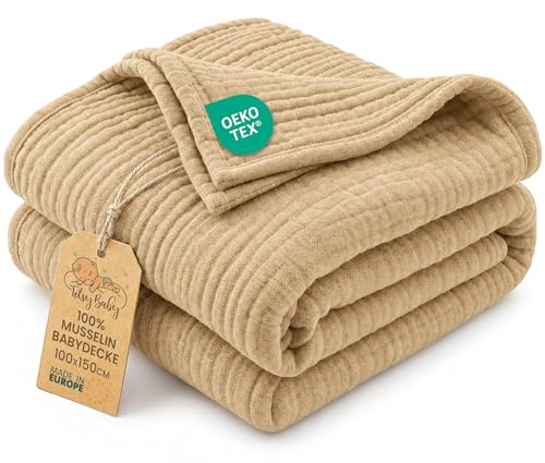 Musselin Decke Babydecke Baumwolle 100 x 150 cm - Musselindecke Kuscheldecke Baby Musselintücher Kinderdecke dünne Babydecken Pucktuch Muslin Blanket für Kinder Oeko-Tex-Zertifikat Beige