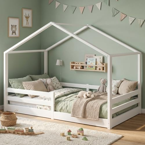 Bellabino Abia Hausbett Bodenbett 120x200 cm, Weiß, aus Kiefer Massivholz | Montessori Kinderbett mit Rausfallschutz & Lattenrost, für Jungen & Mädchen, Holzbett, Kinderbettgestell, Kinderzimmermöbel