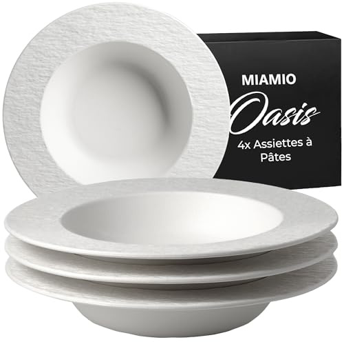 MIAMIO - Suppenteller Set/Pastateller, Keramik (650ml) - Oasis (Weiß) | Keramik Suppenteller Set, 4er Set tiefe Teller für Suppe, Salat, Pasta und Bowls, Teller Set (26cm) - spülmaschinenfest