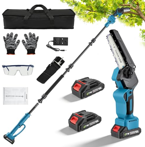 Cordless Pole Saw 2 in 1, Electric Pole Chainsaw with Telescopic Extension, 6/8 Inch Mini Chainsaw, Battery Powered Long Reach Tree Pruner with Adjustable Head for Garden Trimming