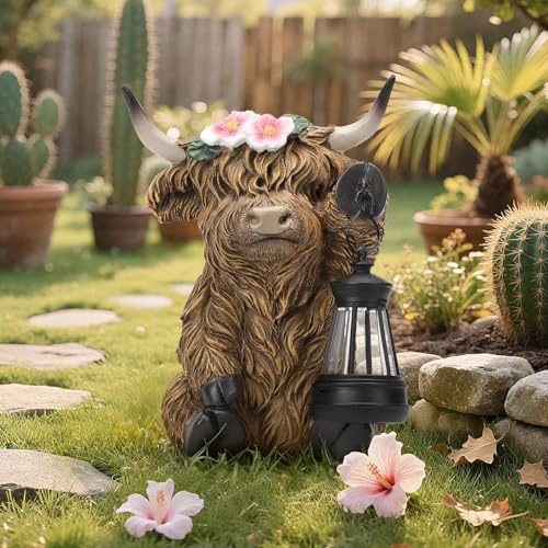 Blumen Highland‑Kuh Solar Figur, Harz Deko für Garten, Balkon & Wohnzimmer | Detaillreiche Highland‑Kuh Figur mit Blumenverzierung, dekorativ für Garten, Balkon, Bauernhof, Wohnzimmer