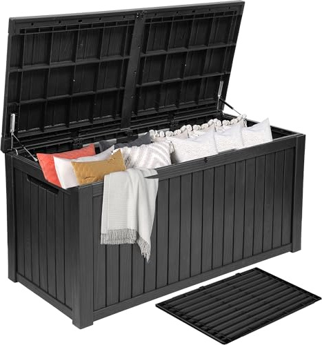 DWVO 680L Extra-Large Patio Garden Storage Box, Waterproof Resin Deck Box with Removable Divider, Outdoor Storage for Garden Furniture, Tools & Pool Accessories,Black