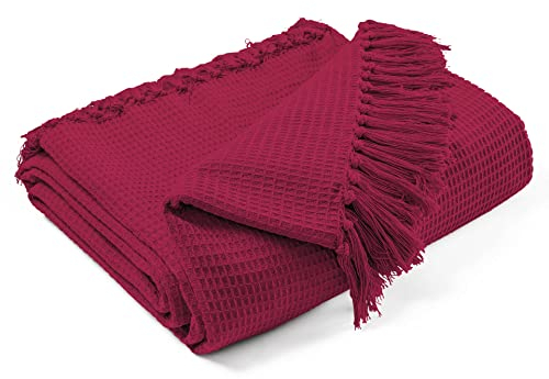 EHC Waffle Cotton Woven King Size Sofa Throw 3 Seater Sofa/Chair/Double Bed, 228 x 254 cm, Wine