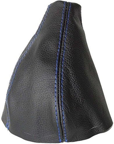 Schaltmanschette aus schwarzem Leder mit blauen Nähten.