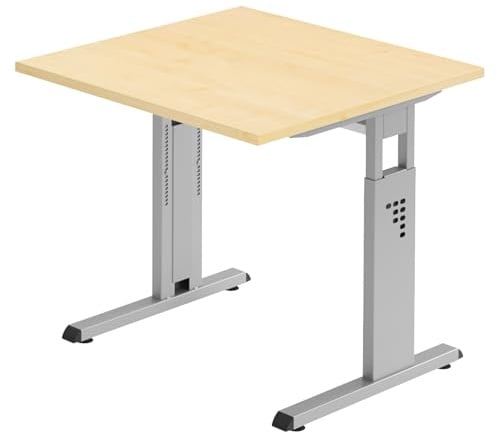 Bümö höhenverstellbarer Schreibtisch O-Serie 80x80 cm in Ahorn, Gestell in Silber - PC Tisch klein für's Büro manuell höhenverstellbar, Computertisch verstellbar