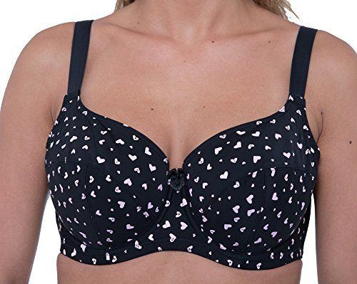 Orchid Womens Black Pink Heart Print Bra Balcony Full Cup Underwire Firm Support, Adjustable Straps, Comfort Back Support