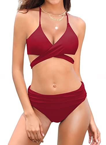 SHEKINI Damen Geteilter Push Up Bikini Set - Neckholder Oberteil Mit High Waist Bottom - Dunkle Farbe Zweiteiliger Badeanzug Sport
