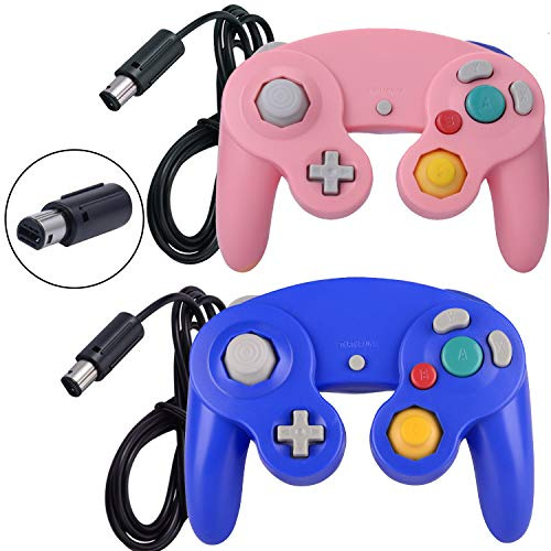 ONE250 Lot de 2 manettes filaires Classic Shock Joypad, compatibles avec Wii NGC Gamecube Game Cube (bleu et rose)