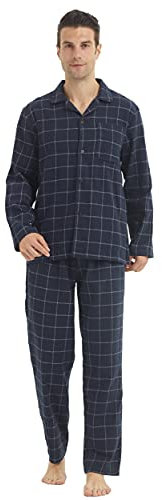 YUSHOW Ensembles de Pyjama Homme à Carreaux Coton Vêtements de Nuit Manche Longue Haut et Bas,Bleu Marine, M