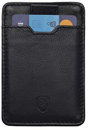 ALLEN & MATE 100% Leather Slim Minimalist Wallet for Men – RFID Blocking Credit Card Holder with Smart Strap – Holds 5 Cards – Compact Front Pocket Wallet (Black)