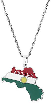 LIUYUYOUGO Karte Halskette,Vintage Kurdistan Region Silberkette Bunte Flaggenkarte Anhänger Charms Mode Kurdische Schmuck Geschenke Für Männer Frauen