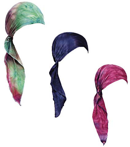 Vorgebundener Chemo-Kopftuch, 3er-Pack, Beanie-Totenkopf-Abdeckkappe für Damen (Set6-langer Stil), L14-Batik-Dye-3 verpackt, Einheitsgröße