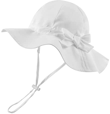 Pesaat Chapeau Bébé Fille Nœud Large Bord Chapeau de Soleil Protection Solaire Bob pour Enfant Fille 0 Mois à 8 Ans(Blanc, 2 à 4 Ans)