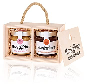 Honig Geschenkset Holzbox mit Kordel - 100% Deutscher Honig Honigprinz Familien-Imkerei (2 x250g)
