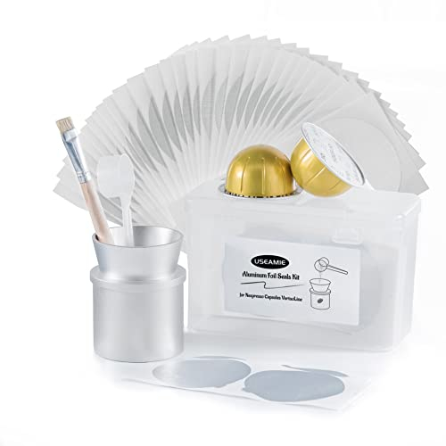 USEAMIE Metal Reusable Vertuo Capsule Refill Kit 100 Pcs Aluminum Foil Seals for Nespresso Vertuoline with a Brush, Scoop, Holder