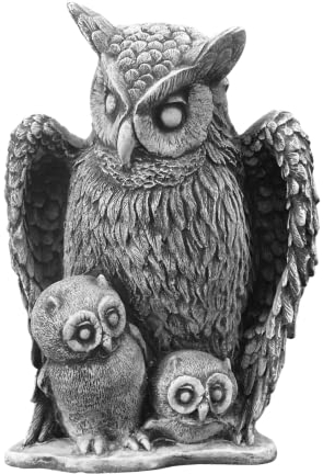 gartendekoparadies.de Eulen-Familie mit Jungen, Steinfigur, H. 29 cm, 8 kg, Grau, frostsicher aus Steinguss für Außenbereich