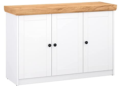 Target Home Sideboard Kommode mit Schubladen und Türen Kommode Schrank Weiß Eiche Gold Landhaus Stil Anrichte (3 Türen)