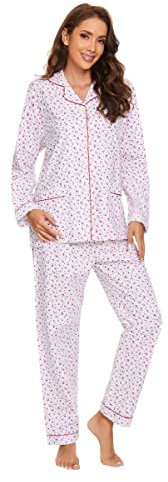 Amaxer Pyjama Femme Hiver Chaud 100% Flanelle Ensembles de Pyjama Cotton Chemise de Nuit Longue| Fleurs Roses, S