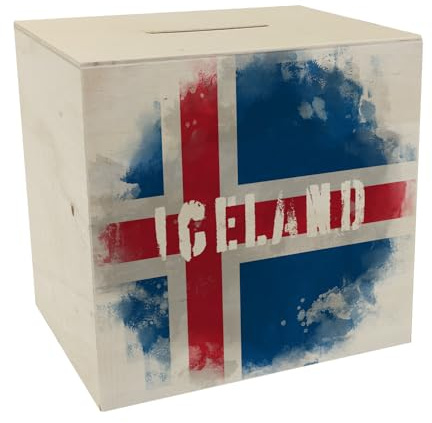 Spardose aus Holz mit Island-Flagge im Used Look - Sparschwein für Urlauber eine schöne Sparbüchse mit der isländischen Nationalflagge verziert um auf die Reise nach Island zu