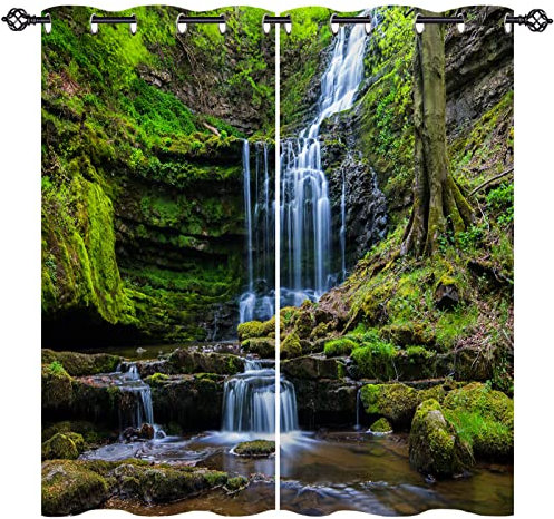 ANHOPE Natur Wasserfall Fluss Gardinen Blickdichte mit Ösen Weich Thermo Vorhänge Blackout Curtain Vorhang Wohnzimmer Schlafzimmer Verdunklungsvorhänge 2er Set H 138 x B 117 cm