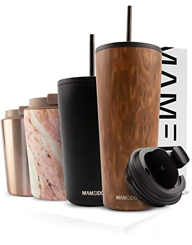 MAMEIDO Thermobecher mit Strohhalm 470ml, Trinkbecher mit Deckel und Strohhalm aus Edelstahl doppelwandig isoliert, auslaufsicher, Coffee to go Becher (Oak Wood, 0,47l)
