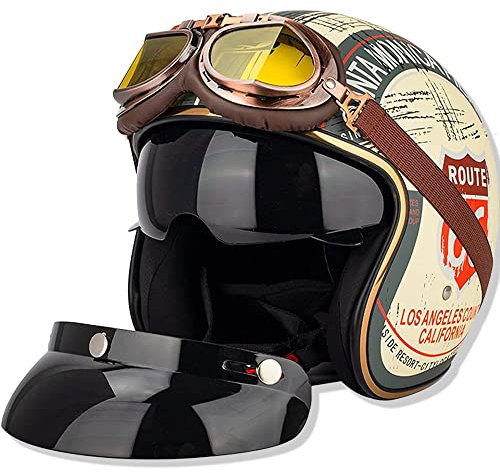 Casques De Moto Jet Avec Lunettes Pare-Soleil,Vintage Casques De À Visage Ouvert ECE Certifié Pour Hommes Et Femmes,Retro 3/4 Moto Casque Chopper Cruiser Biker Pilot Crash Casques D,M